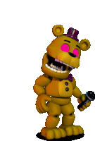 a yellow teddy bear with blue eyes and a purple hat is holding a microphone