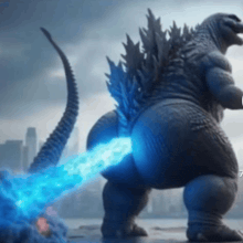 a statue of a monster with a blue tail and smoke coming out of it