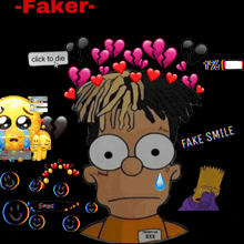a cartoon of bart simpson with hearts on his head and the words fake smile below him