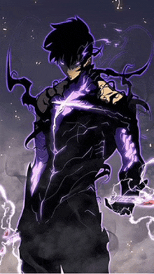 a man in a black suit with purple lightning coming out of his chest and arms .