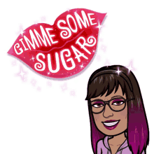 a cartoon woman with purple hair and glasses stands in front of a gimme some sugar sign