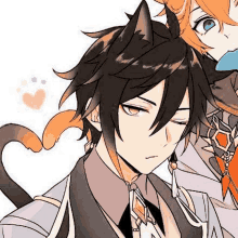 a boy with cat ears is sitting on a girl 's head .