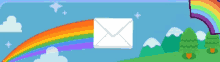 a white envelope is flying through a rainbow in the sky