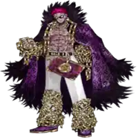 a man in a purple coat and gold chains is holding a purse