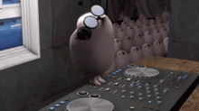 a cartoon character wearing glasses and headphones stands behind a dj mixer