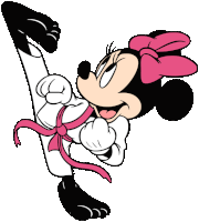 a cartoon of minnie mouse wearing a white karate uniform with a pink belt