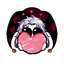 a jester with a pink heart in his mouth .