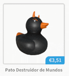 a picture of a black rubber duck with orange horns