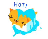 a cartoon of a cat in a puddle with the words hot written above it
