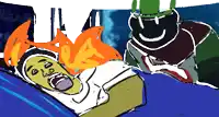 a cartoon drawing of a man laying in a bed