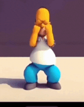 homer simpson is covering his face with his hands while standing on his knees