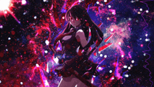 a girl with red eyes is holding a sword in front of a galaxy