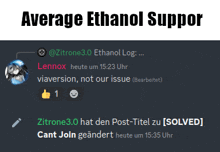 a screenshot of a discord conversation with the words average ethanol support at the top