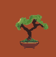 a pixel art of a bonsai tree on a brown background