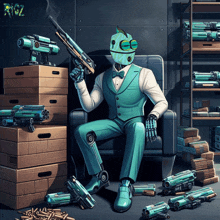 a robot in a suit is sitting in a chair holding a gun with the word rizz on the bottom right