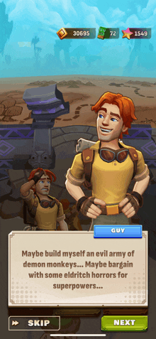 a screenshot of a video game where a guy is talking about demon monkeys