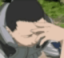 a man is covering his face with his hand in a blurry cartoon .