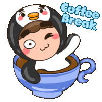 a penguin is sitting on a man 's head in a cup of coffee with the words coffee break below it