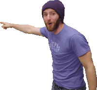 a man with a beard wearing a purple shirt and a purple beanie pointing