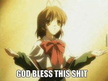 a girl in a school uniform is standing with her arms outstretched and a meme .