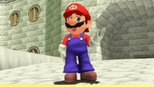 a cartoon character named mario wearing overalls and a red hat