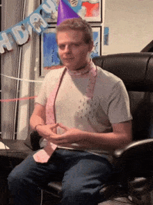 a man wearing a tie and a party hat is sitting in a chair in front of a happy birthday banner