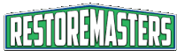 the restoremasters logo is green and white with a blue roof