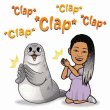 a cartoon of a woman kneeling next to a seal with the words " clap " above them