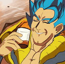 a cartoon of a man with blue hair holding a glass of whiskey .