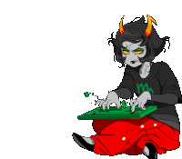 a cartoon of a girl with horns sitting on the floor typing on a keyboard