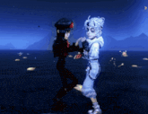 a couple of anime characters are dancing in front of the ocean