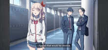 a girl in a school uniform is standing in a hallway talking to two boys