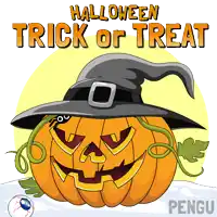 a halloween trick or treat poster with a pumpkin wearing a witch 's hat