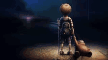 a boy with crutches is standing next to a teddy bear in a dark room .