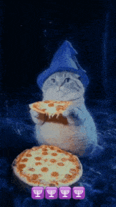 a cat wearing a blue hat is holding a pepperoni pizza