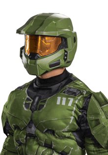 a man wearing a green helmet with the number 117 on his chest