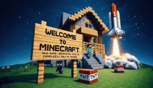 a welcome to minecraft sign in front of a rocket