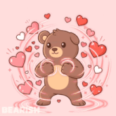 a cartoon drawing of a teddy bear surrounded by hearts with the word bearish at the bottom