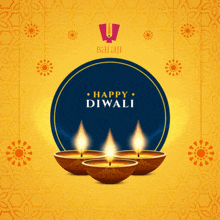 a greeting card that says happy diwali with three lit candles