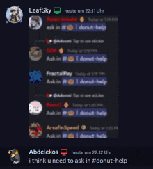 a screenshot of a discord chat with abdelekos asking for donut help