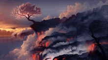 a painting of a volcano with a tree in the middle of it