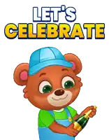 a teddy bear is holding a bottle of champagne with the words let 's celebrate above him