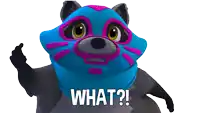 a cartoon raccoon wearing a mask with the words what written on it