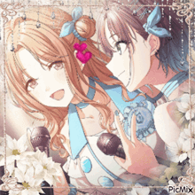 a picture of two anime girls holding microphones with picmix written in the corner