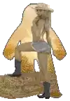 a woman wearing a cowboy hat and shorts is standing on a bale of hay .