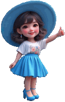 a little girl wearing a blue hat and a blue skirt is giving a thumbs up