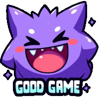 a sticker of a purple monster with the words good game written below it