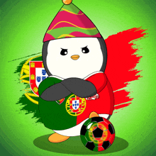 a penguin wearing a party hat holds a soccer ball in front of a portuguese flag