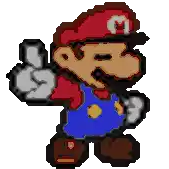 a pixel art drawing of mario giving a peace sign