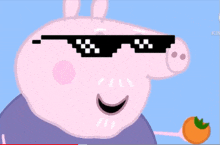 a peppa pig wearing sunglasses holds an orange